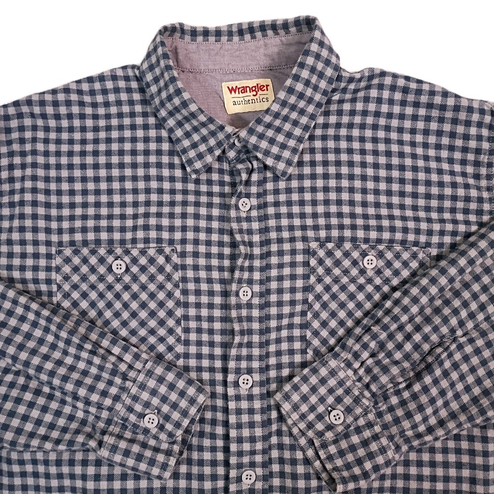 Wrangler Flannel Shirt Men's XL Gray Checkered Cotton Double Pockets Long Sleeve